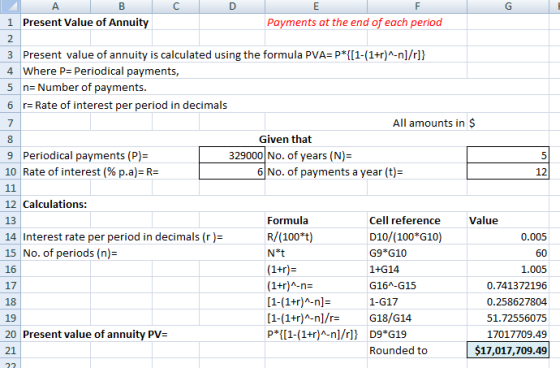 1 Present Value of Annuity Payments at the end of each period 2 3 Present value of annuity is calculated using the formula PV