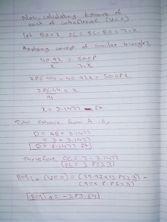 nlow, calculating distance of point of contra flexure. Cuzo) let Bo=X OC = BC-Bo=7-x. Applying concept of Similar triangles,