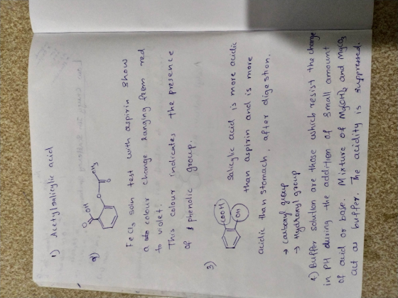 1) Acetylsalicylic acid LOH 1922 i test with aspirin show change langing from red Fella soln a to colour to violet. This colo