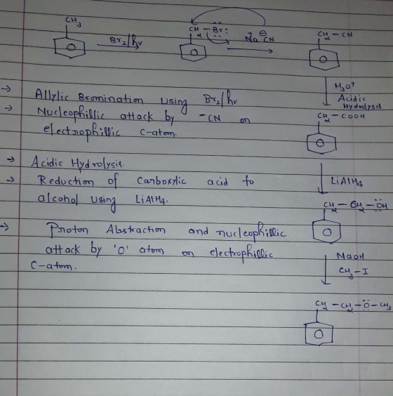 - Br CH - ON Hot Allylic Bromination using Nucleophillic attack by - electrophillic C-atom. Aidic Hydrolysis CH-COOH - CN on