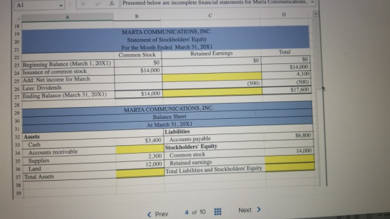 Presented below are incomplete financial statements for Marta Communications MARTA COMMUNICATIONS, INC. Statement of Stockhol