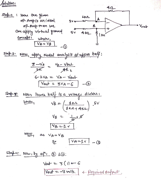 Solubbona 4.2 2162 svom В • Vout stopy : Here the giren Op-Ampis an ideal op-Amp then we con apply virtual ground concepti wh