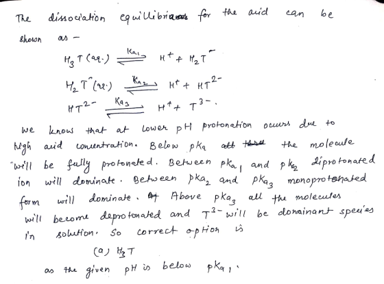 The dissociation equillibrianes for the acid can be shown as H₂ ↑ (99-) - HT + H₂T H₂ T (22.) Kazy kt + HT2- Hep2Kas H*+73- w