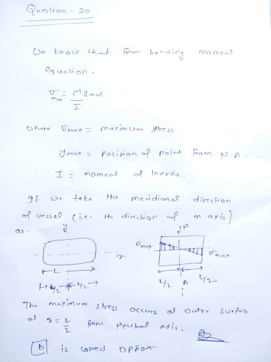 Question - 20 We know that from bending momeno equation : v = mymax I where Imax a maximum stress. y max = position of point