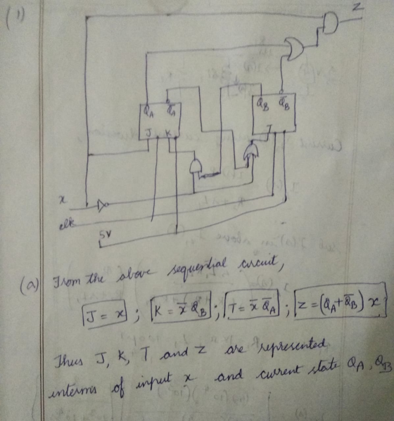 (a) from the above sequential circuit, J = 2, k = 2 & 3), (t = xA; (Z = (a + 2B) x 1 Thus J, K, T and I are represented inter