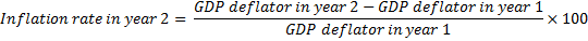 GDP deflator in year 2 - GDP deflator in year 1 Inflation rate in year 2 = x 100 GDP deflator in year 1
