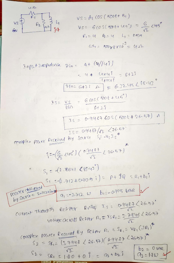 VS - Al cos ( 500t+ B ) VS By 6 (45° 14 us= 6Cos( 500t+U5) = re B4 L=8mn Wh = 600 x 8 x 10 = un Input Impedance zin= 4+ (ca/l