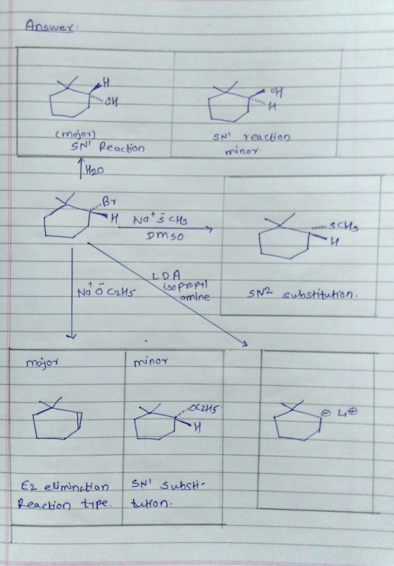 Answer. (mojor SNI Reaction SN reaction minor H2O Br TH Nots Clo omso. Scha L - No öcalts LDA isopropyl amine SN2 substituti