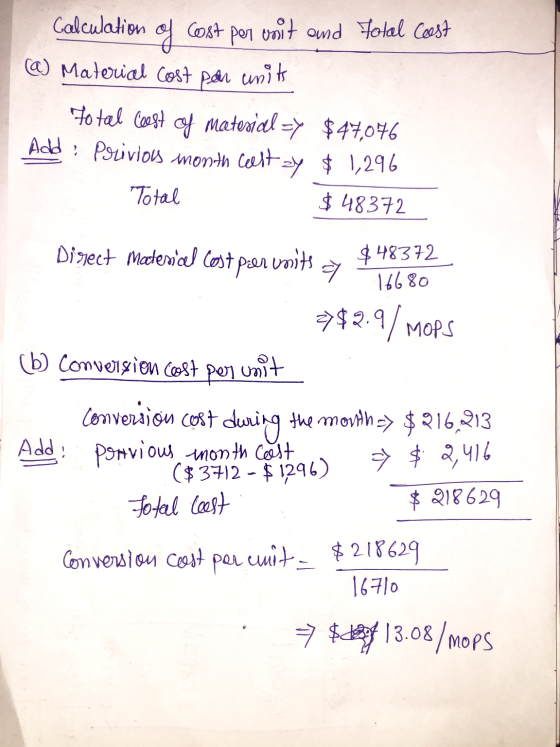 Cost unit and total cost Calculation of por @ Material cost per units Total cost of material = $47,076 Add: Privios month cas