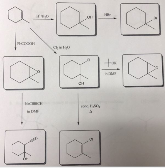 HBr H/HO PhCOOOH Cl, in H20 FOK in DMF OH NaC=CH in DMF conc. H2SO4