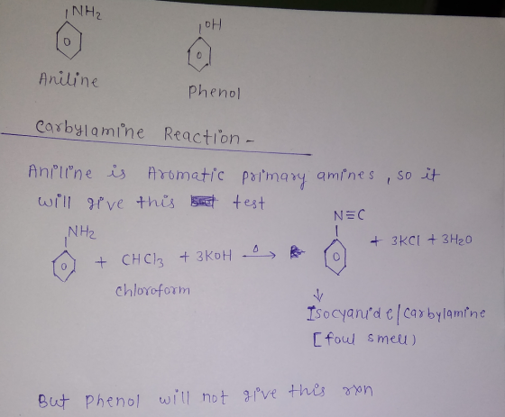 NH2 Aniline Phenol Carbylamine Reaction- AYOmatic Paimay Anlline is So it amines will gfve this test NHZ 3KCI +3H20 +CHC3 3