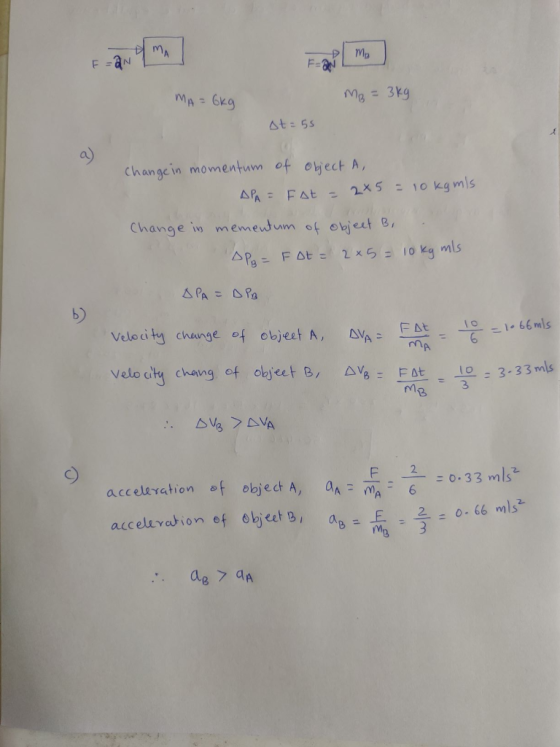 mA F -aN F=8 MA- 6Kg MB=3kg At: 55 change in momentum of ohject A, 2x5-10 kamls APA= FAt Change in m emewtum of object B APaF