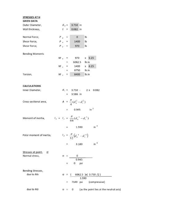 STRESSES AT H GIVEN DATA Outer Diameter, d 3.750 in Wall thickness, 0,082 in t= Normal Force, lb 0 Shear Force, 1400 Ih Shear