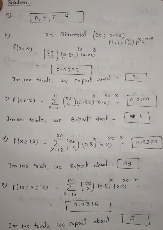 Solution - a D,E,F, b) xn Bimonial (20; 0.80) na Plx) = 12) bxana P(x=12) 12. (92) (0.80) 10.20 Die - 0.0222 2 In 100 trials,