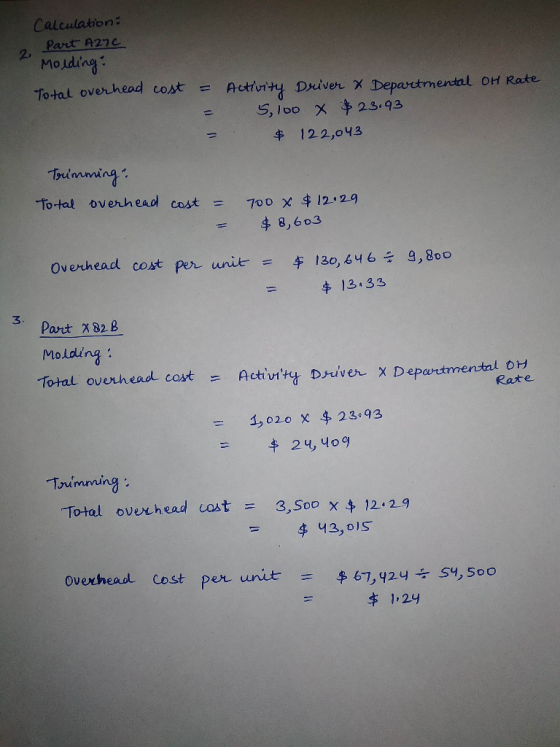Calculation: 2. Part A27C Molding Total overhead cost = Ativity Driver & Departmental OH Rate 5,100 X $23.93 $ 122,043 Trimmi