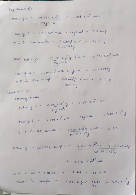 Experiment - Moles of c = 44.751 x 108 g = 1.017 x 10 mol 4ч Mass of c = 1.017 X100 mal x lagi mol = 0.0122 g % c in the samp