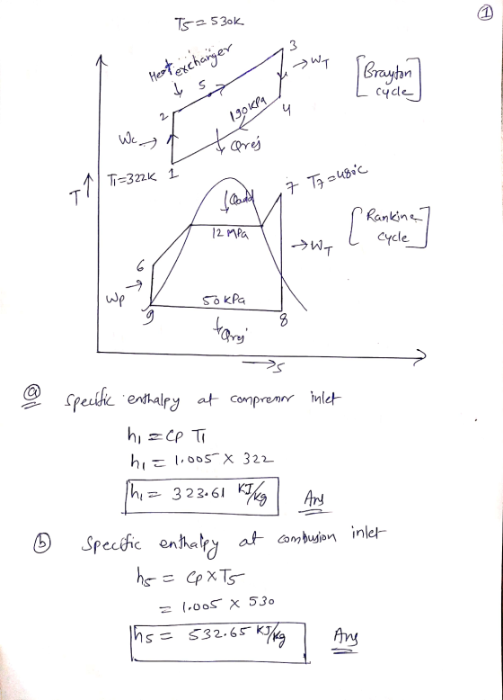 Ts=530k >Wy Heat exchanger I Brayton S cycle 4 2 190 kPa Wc A tares T1=322K 1 T1 7 To=4806 Claud [ Ranking Rankinę Cycle 12 M