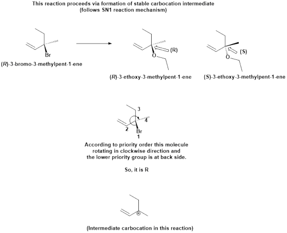 This reaction proceeds via formation of stable carbocation intermediate (follows SN1 reaction mechanism) (R)-3-bromo-3-methyl