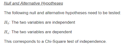 Null and Altemative Hypotheses The following null and alternative hypotheses need to be tested Ho: The two variables are independent H: The two variables are dependent This corresponds to a Chi-Square test of independence.