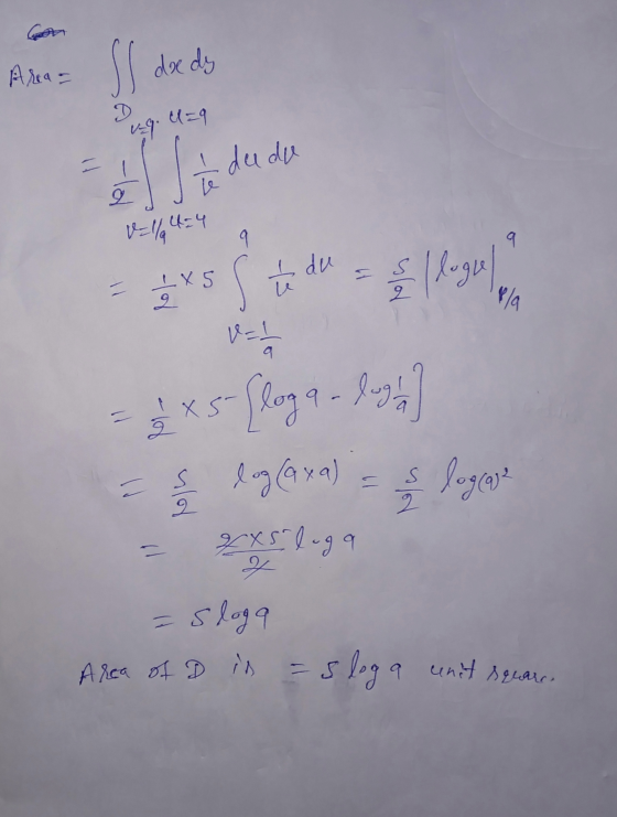 Area = S dedy ug. U=9 is i de de 2 v=1/4= 4 9 IXS 2 = llogul 오 P/a s te du (= 1/2 x5 [log luga OS X 99. ula log (axa) sor log