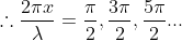 herefore rac{2pi x}{lambda } = rac{pi}{2} , rac{3pi }{2} , rac{5pi }{2} ...