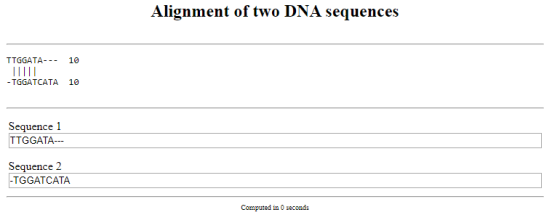 Alignment of two DNA sequences TTGGATA--- 10 - TGGATCATA 10 Sequence 1 TTGGATA- Sequence 2 -TGGATCATA Computed in 0 seconds
