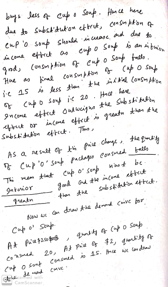 buys less of cupo soup. Hunce here due to substitution effect, consmption of eup o soup should increase, and due to in come