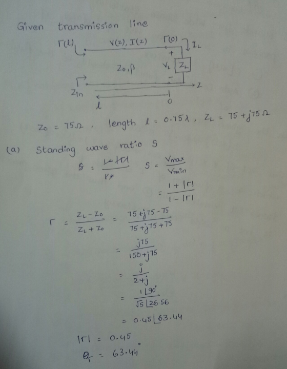 Given transmission line rce V (2), I (2) TO 7 Zo,ß Zin - (a) Zo = 752 length l = 0.151, ZL = 15 + 375.2 Standing wave ratio s