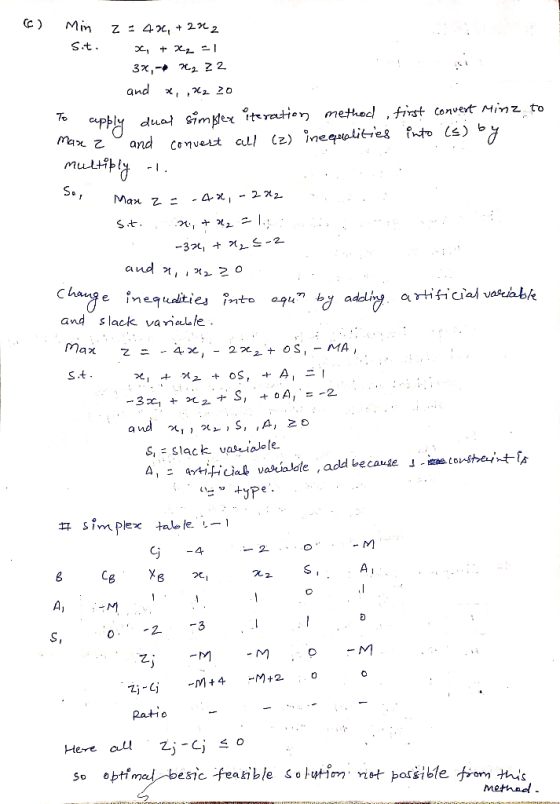 c) .. Min Z: 404, + 232 Sit. 2, + x2 21 3x,-* N₂ 32 and x, ,42 20 To apply dual simplex iteration method , first convert Minz