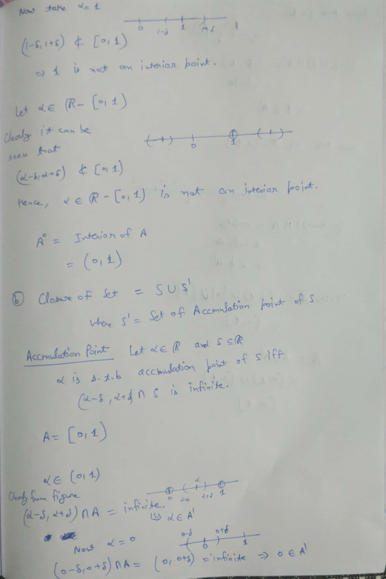 Now take dat Now take a (1-6, 1+8) ¢ [0, 1) 1 is not an interior boint. let & E (R- [0, 1) Clearly it can be seen that (2-8,