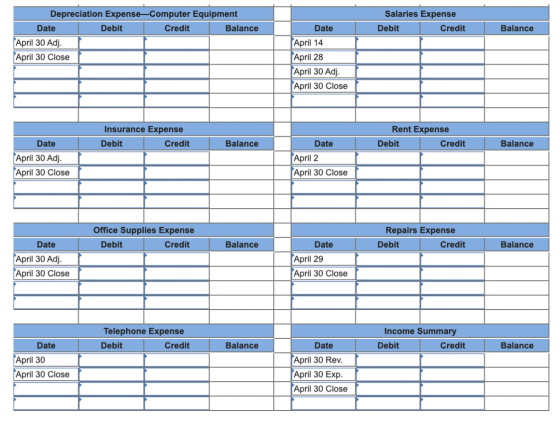 Salaries Expense Debit Credit Balance Depreciation Expense-Computer Equipment Date Debit Credit Balance April 30 Adj. April 3