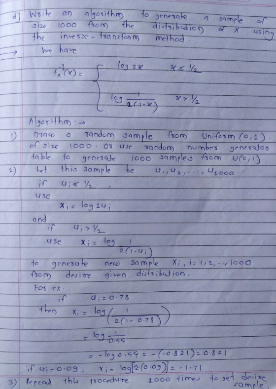 Write an algorithm to generate size 1000 from the distribution the inverse transfoom method. we have a sample of X of using t