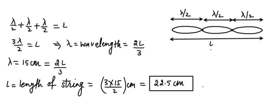 초 X/2 시 CL L 출출구를 =나 3 =) h = wavelength= 24 왕 Le length of string = (3x15 cm = = 15 M = 3 22.5 M