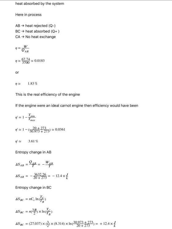 heat absorbed by the system Here in process AB → heat rejected (Q-) BC — heat absorbed (Q+) CA → No heat exchange n= W n 94,1
