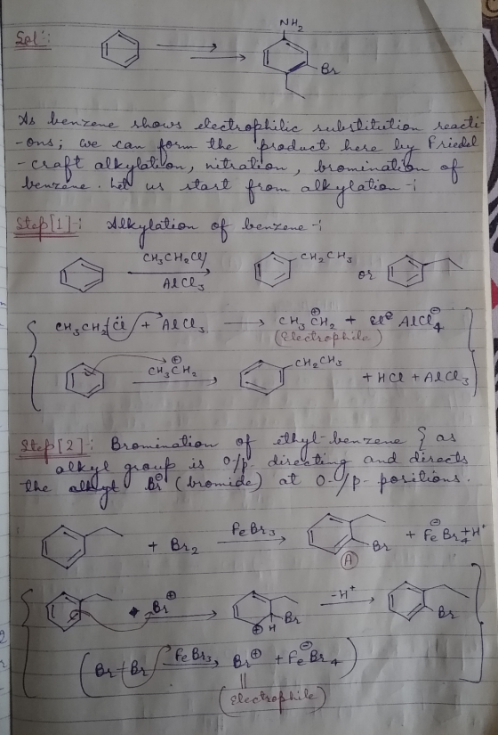 As benzene shows electrophilic substitution reachi- -ons; we can form the product here by friedel - craft alkylation, nitrati