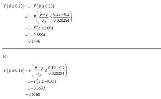 P(9 20.23)=1-P(P<0.23) =1-P Ô-P<0.23-0.2 0.028284 =1-P(z 51.06) =1-0.8554 = 0.1446 PLØS0.19) = P S S 0.025284) =1-P(25-0.35)