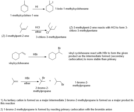 OS 1-iodo-1-methylcyclohexane 1-methylcyclohex-1-ene (Z)-3-methylpent-2-ene reacts with HCl to form 3- chloro-3-methylpentane