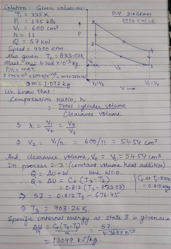 Solution : Given values are T 335K P = 175 kla A V = 600 cm3 T P-V DIAGRAM OTTO CYCLE 3 +-- Q = 57kW Speed - 4400 RPM Also gi