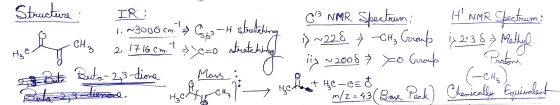 H₂O Structure : IR: . 1.-3000 cm = 603-4 stratehing 2 0 13 NMR Spectrum. HNMR Spectrum T CH3 2 17 16 cm.! >c=0 stretching