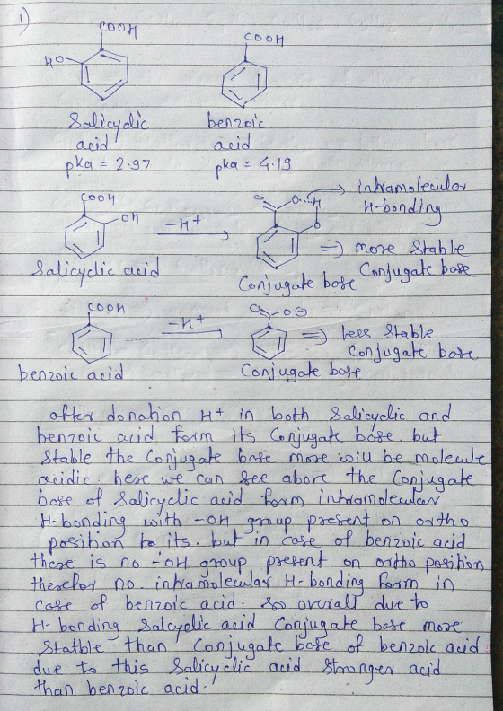 cooh COOH Salicydia benzoic aeid! oka = 2.97 acid pka = 4.19 intramolecular Coon o auth Hobonding + th Salicyclic acid ( 1 )