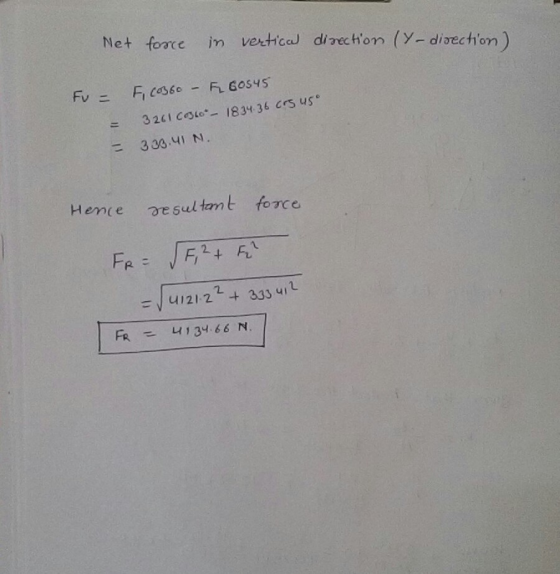 Net force in vertice divection (Y- divectom ) 3261 Co560- 1834 36 crs us。 = 339.41 N, Hemce oe sultomt force U12122+ 3334,L