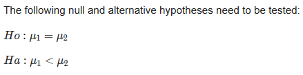 The following null and alternative hypotheses need to be tested: Ho: Mi = 12 Ha: uli<H12