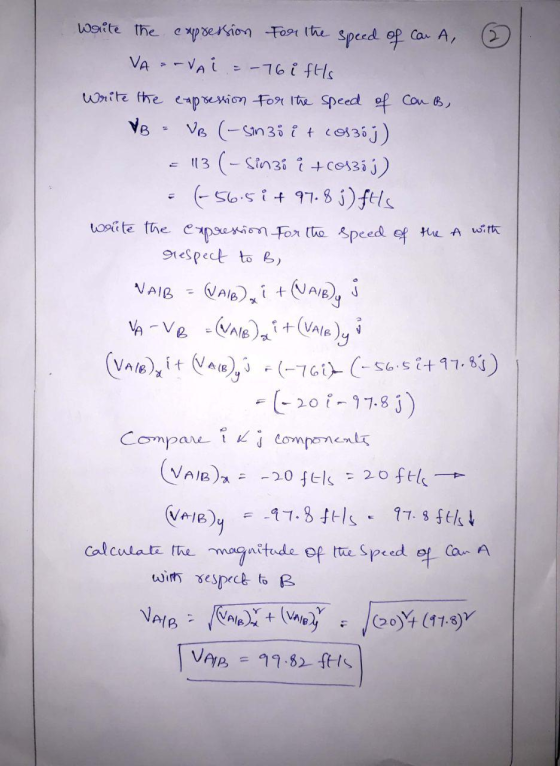 write the capression for the speed of Car A, VA - VAI = -16 iftls Write the expression for the speed of canB, VB = VB (- sinz