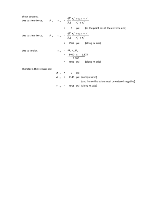 Shear Stresses due to shear force, 4V r rr P (as the point lies at the extreme end) psi 0 - 4V r r T due to shear force, P K