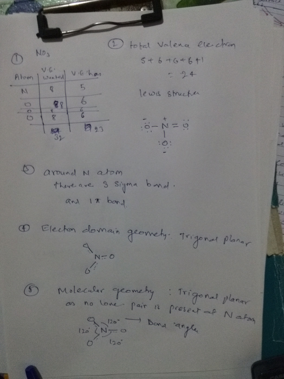 2 No, total valena electron St 6+6+6+ 24 V. 61 ha Alom I wanted N lewis structa Gooz 2923 ON=0 CYRIL e around N atom. there a