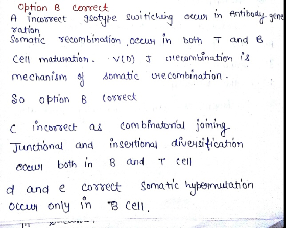 Option B correct A incorrect gsotype switching occur ration, Somatic recombination occur in both T and B cell matwration. VCD
