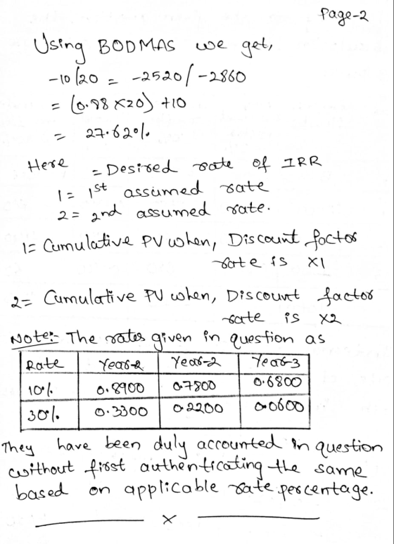 page-2 Using BODMAS we get, -10120 - -25201-2860 = (0.88420) 410 = 27.6206. Here - Desired rate of IRR I= pst assamed rate 2=