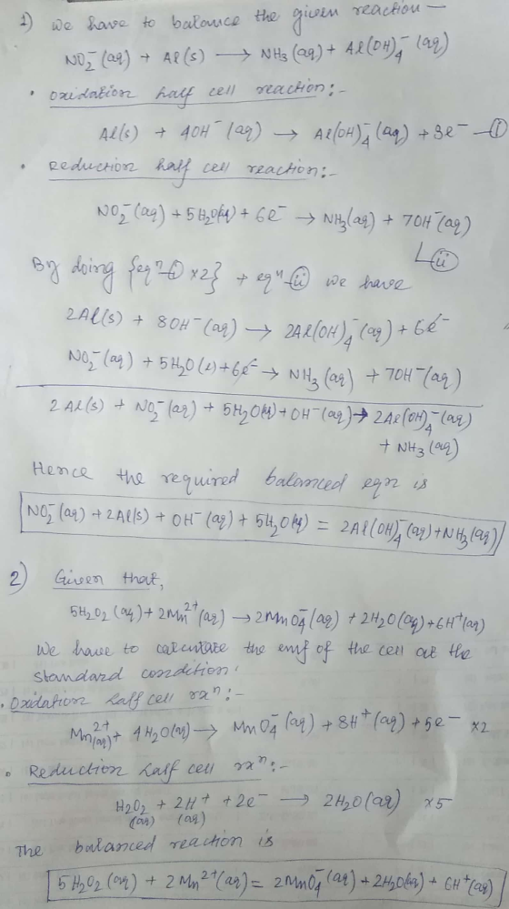 2 we have to balance the given reaction - NO, (09) + Al(s) — NHz (@q) + Al(OH)199) oxidation fait cell reachon: Alls) + 40670