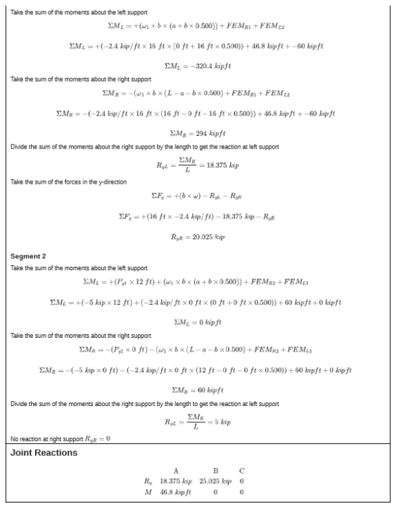 Take the sum of the moments about the left support EM1 = +(wi xb x (a+hx0.500)) + FEMRI+FEM 1.2 EML = +(-2.4 kip/ft x 16 ft X