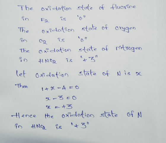 The oxidation state of fluorine in F is O The oxidation state of oxygen in ce îs 6 The oxidation state of nitrogen in HNO
